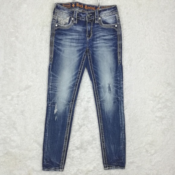 Rock Revival Denim - Rock Revival Womens Jeans Rosewood Skinny Blue Denim Distressed Jeweled Stone 26